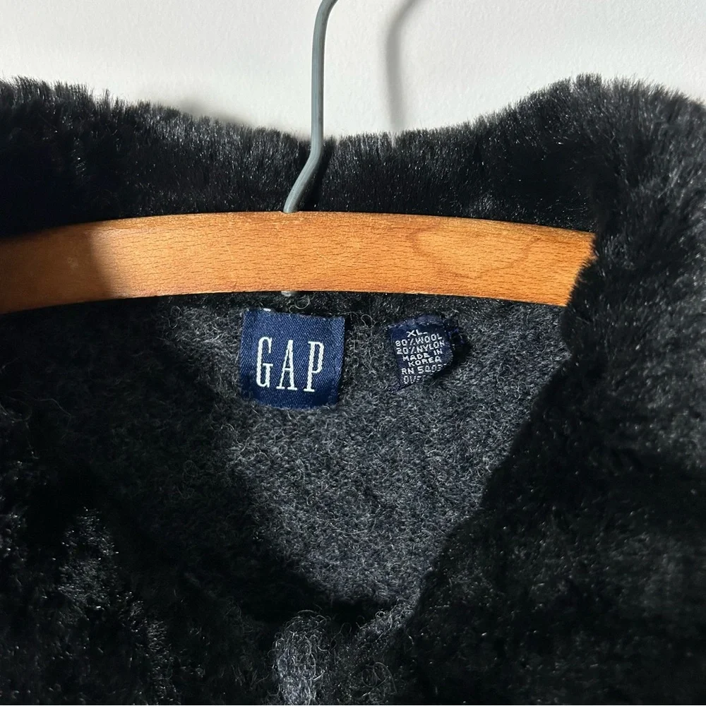 Gap Vintage 90s Faux Fur Collar Wool Cardigan Womens XL Grey Black - Picture 5 of 6